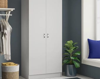 Ready Assembled 2 Door Wardrobe with Hanging Rail, Double Door White Modern Tall Cupboard