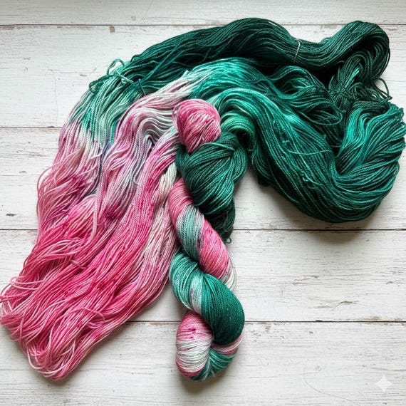 Hand Dyed Merino Wool Yarn:  green pink  sock yarn , merino nylon blend