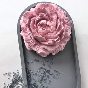 May include: A grey, oval decorative tray featuring a large, pink, textured flower. Iridescent, blue-grey stones are scattered on the tray's surface. The flower is a focal point, adding a touch of elegance to the design.