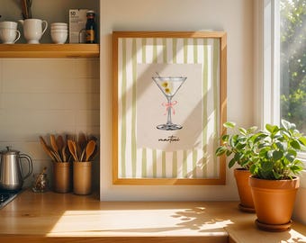 Stampa Martini Striped: Arte Retro Cocktail Coquette con Strisce Verdi e Bianche, Decorazione Elegante per Cucina e Bar (Download Immediato)