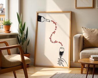 Stampa Olivia Dean: Sfondo Neutro con Bottiglia e Calice Neri e Citazione Rossa, Decor Minimal per Cucina e Angolo Bar (Download Immediato)