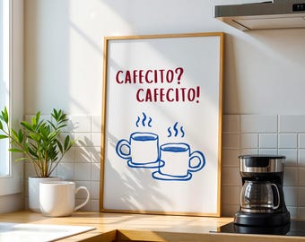 Stampa Cafecito: Wall Art Vintage Caffè con Tipografia Rossa e Tazze Blu, Decorazione Retro Minimal per Casa e Cucina (Download Istantaneo)