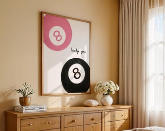 Stampa “Lucky You”: Sfondo Bianco con 8-Ball da Biliardo Nera e Rosa, Arte Minimal Trendy (Download Immediato)