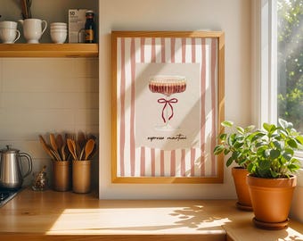 Stampa Espresso Martini Striped: Arte Cocktail Retro Coquette, Strisce Marroni e Bianche, Decorazione Chic Cucina e Bar (Download Immediato)