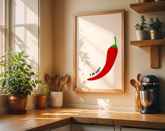 Stampa I’m Hot: Sfondo Neutro con Peperoncino Rosso e Tipografia Nera, Arte Minimal Divertente per Cucina (Download Immediato)