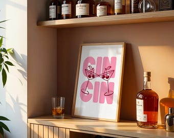 Stampa Cin Cin: Wall Art Minimal con Tipografia Rosa e Bicchieri Rossi, Decorazione Cute per Cucina e Bar (Download Istantaneo)