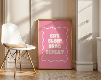 Stampa Eat Sleep Read Repeat: Wall Art Trendy Rosa, Cornice Bianca Ondulata, Decorazione Minimal per Amanti dei Libri (Download Immediato)