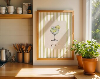 Stampa Gin Tonic: Poster Retrò Coquette a Righe Verdi e Bianche, Decor per Cucina e Angolo Bar (Download Immediato)