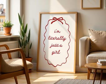 Stampa Just a Girl: Wall Art Bianco con Cornice Rossa Ondulata e Tipografia Rossa, Decorazione Cute e Minimal (Download Istantaneo)