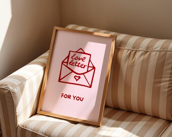Stampa For You: Sfondo Rosa con Busta e Lettera d’Amore Rossa, Wall Art Minimal Romantica per Camera o Casa (Download Immediato)