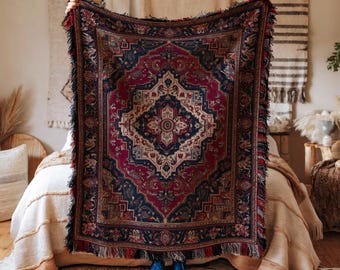 Maximalist Area Rug Woven Throw Blanket, Rich Burgundy Pattern, Bohemian Eclectic Decor, Unique Home Accent, Vintage Aesthetic Gift