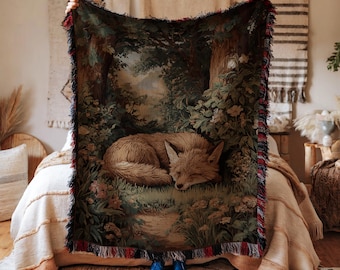 Woven Throw Blanket Fox Forest Scene, Lush Woodland Clearing, Cottagecore Aesthetic Decor, Nature Lover Tapestry, Cozy Animal Gift for Him