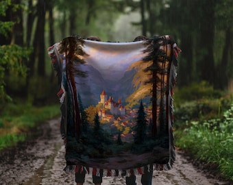 Fairytale Castle Woven Throw Blanket, Romantic Painterly View, Fantasy Home Decor, Cottagecore Aesthetic, Magical Gift for Her