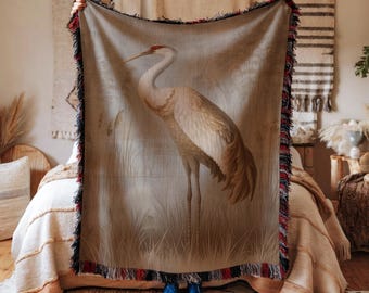 Manta de tecido com estampa de grou-canadense, cena graciosa de pântano, decoração serena inspirada na natureza, tapeçaria para amantes de pássaros, presente exclusivo para ela.