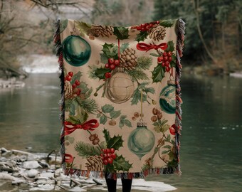 Manta tejida con adornos navideños de cristal, diseño vintage, decoración festiva para el hogar, regalo de temporada para la familia, manta acogedora