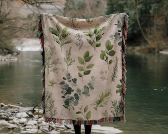 Watercolor Herbs Woven Blanket, Botanical Garden Pattern, Cottagecore Home Decor, Nature Lover Tapestry, Unique Gift for Gardener