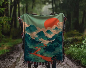 Japanese Landscape Woven Blanket, Misty Green Mountain Art, Zen Aesthetic Home Decor, Nature Lover Tapestry, Serene Gift for Her