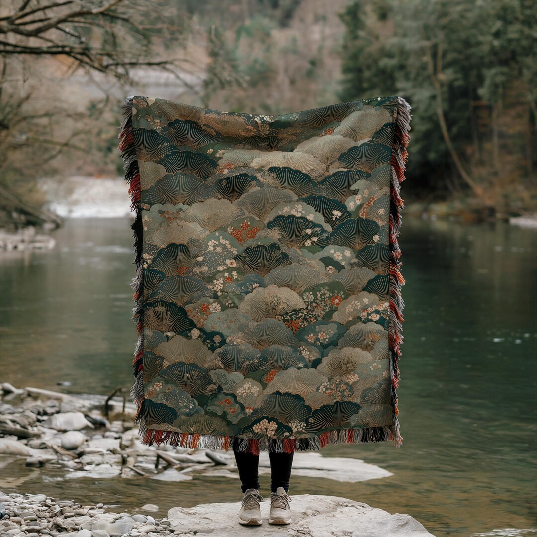Japanese Pattern Throw Japanese Hill Pattern Woven Blanket, Stylized Asian Art, Cultural Home ...