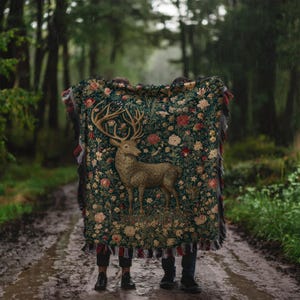 Medieval Millefleurs Stag Woven Blanket, Classic Tapestry Style, Botanical Woodland Decor, Nature Lover Home Gift, Cottagecore Throw