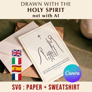 Op de afbeelding: Een crèmekleurige kaart met een minimalistische lijntekening van een kerststal, inclusief een ster, figuren en tekst. De kaart ligt naast een bruine envelop. De tekst luidt "DRAWN WITH THE HOLY SPIRIT not with AI".