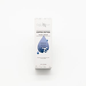 May include: A white box of Cell Revive Copper Peptide Facial Serum. The box features a blue teardrop design with the words "Brightening, Moisturize, Soothing, anti-inflammatory." The box contains 1.01 fl oz / 30ml.