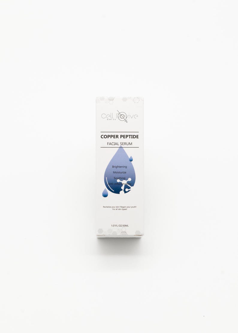 May include: A white box of Cell Revive Copper Peptide Facial Serum. The box features a blue teardrop design with the words "Brightening, Moisturize, Soothing, anti-inflammatory." The box contains 1.01 fl oz / 30ml.