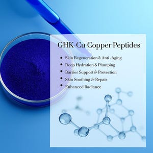 May include: A blue-toned image featuring a petri dish filled with a dark blue powder, a blue pipette, and a graphic with the text "GHK-Cu Copper Peptides." The text lists benefits including skin regeneration and anti-aging.