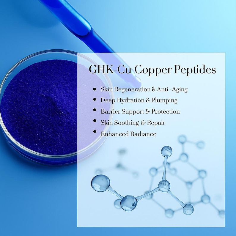 May include: A blue-toned image featuring a petri dish filled with a dark blue powder, a blue pipette, and a graphic with the text "GHK-Cu Copper Peptides." The text lists benefits including skin regeneration and anti-aging.