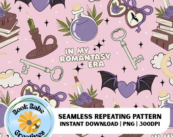Romantasy Book Seamless File: Bookish PNG File, Digital Download, Repeat Pattern