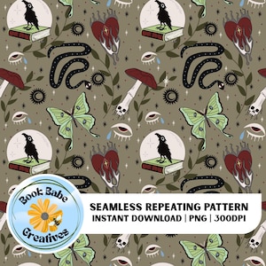 Dark Romantasy Seamless Pattern: Hand-Drawn Fantasy PNG File, Digital Download, Repeat Pattern