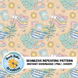 Beach Reads Seamless Pattern: Hand Drawn Bookish Vacation, PNG File, Digital Download, Repeat Pattern