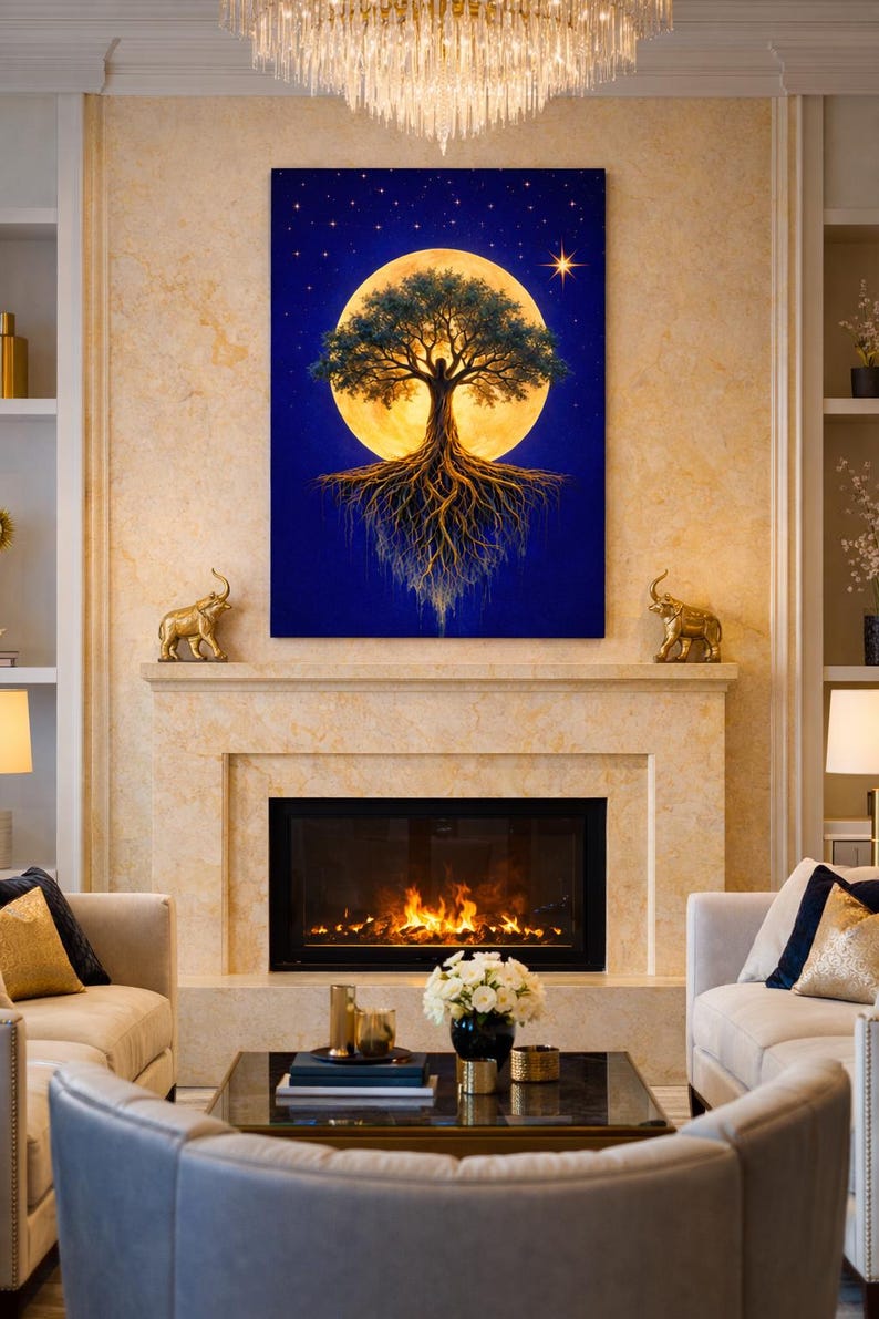 Tree of Life With Roots and Golden Moon, Spiritual Wall Art, Deep Roots ...