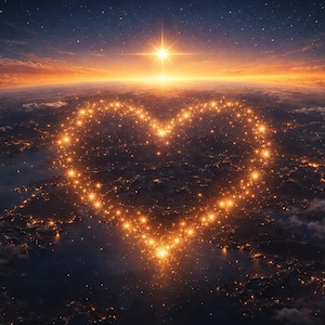 Può includere: Una vista aerea della Terra al tramonto, con una formazione a forma di cuore di luci brillanti sopra il pianeta. Una stella luminosa brilla sopra il cuore, sullo sfondo di un cielo stellato e sfumature arancioni e blu.