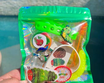 Hungry Caterpillar Party Favors Goodie Bag - Stickers, Tattoo, Insect Bracelets, Caterpillar Ring, Worms