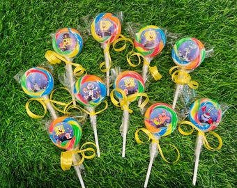 Yellow Sponge Mini Swirl Lollipops - Birthday Party Favors 10 pcs Squirrel Patrick
