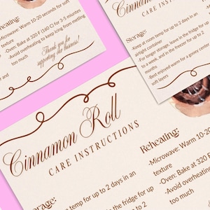 May include: Tan cards with brown text and decorative swirls, featuring "Cinnamon Roll" and care instructions. The cards include reheating and storage guidelines. A watercolor cinnamon roll is visible.
