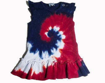 Red White and Blue Infant Tie Dye Dress, Soft Baby Rib Knit Cotton with Ruffle Sleeve, 4th of July Outfit for Baby Girl