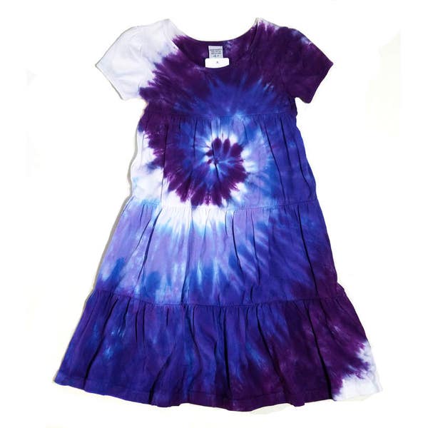 Girls Tie Dye Dress / Short Sleeve Girls Tiered Ruffle Dress / Purple Swirl Design / Back to School Outfit