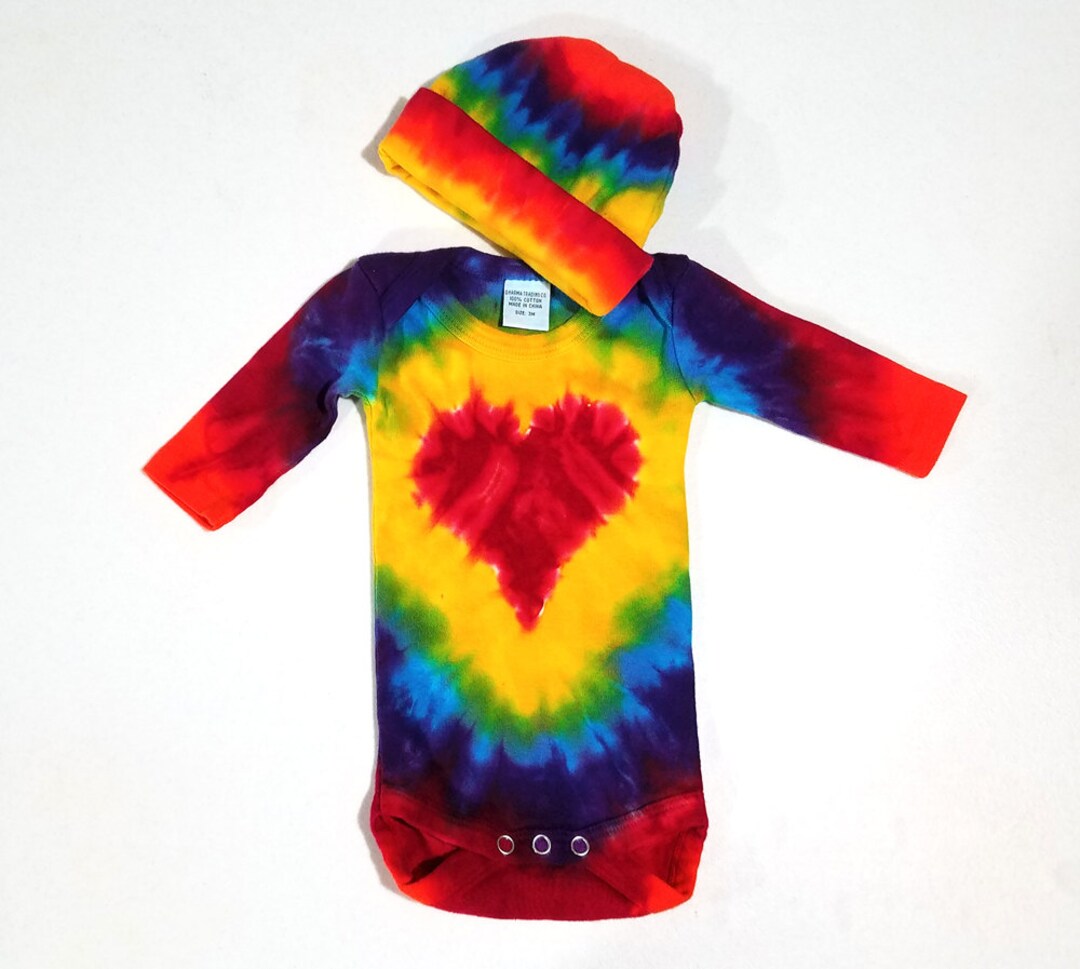 Baby Tie Dye Matching Set, Long Sleeve One Piece and Cap, Red Rainbow
