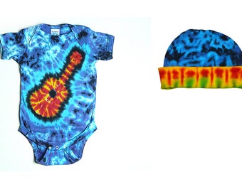 Ensemble assorti tie-dye pour bébé, maillot une pièce à manches courtes et bonnet en tricot, motif guitare tie-dye