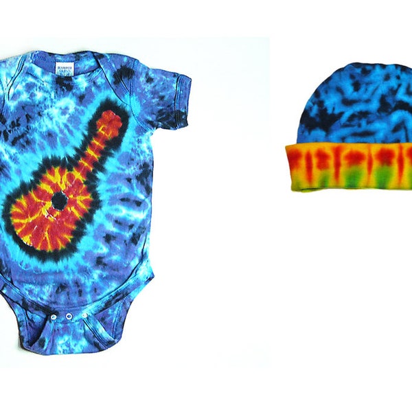 Baby Tie Dye Matching Set, Short Sleeve One Piece and Knit Cap, Tie Dye Guitar Design
