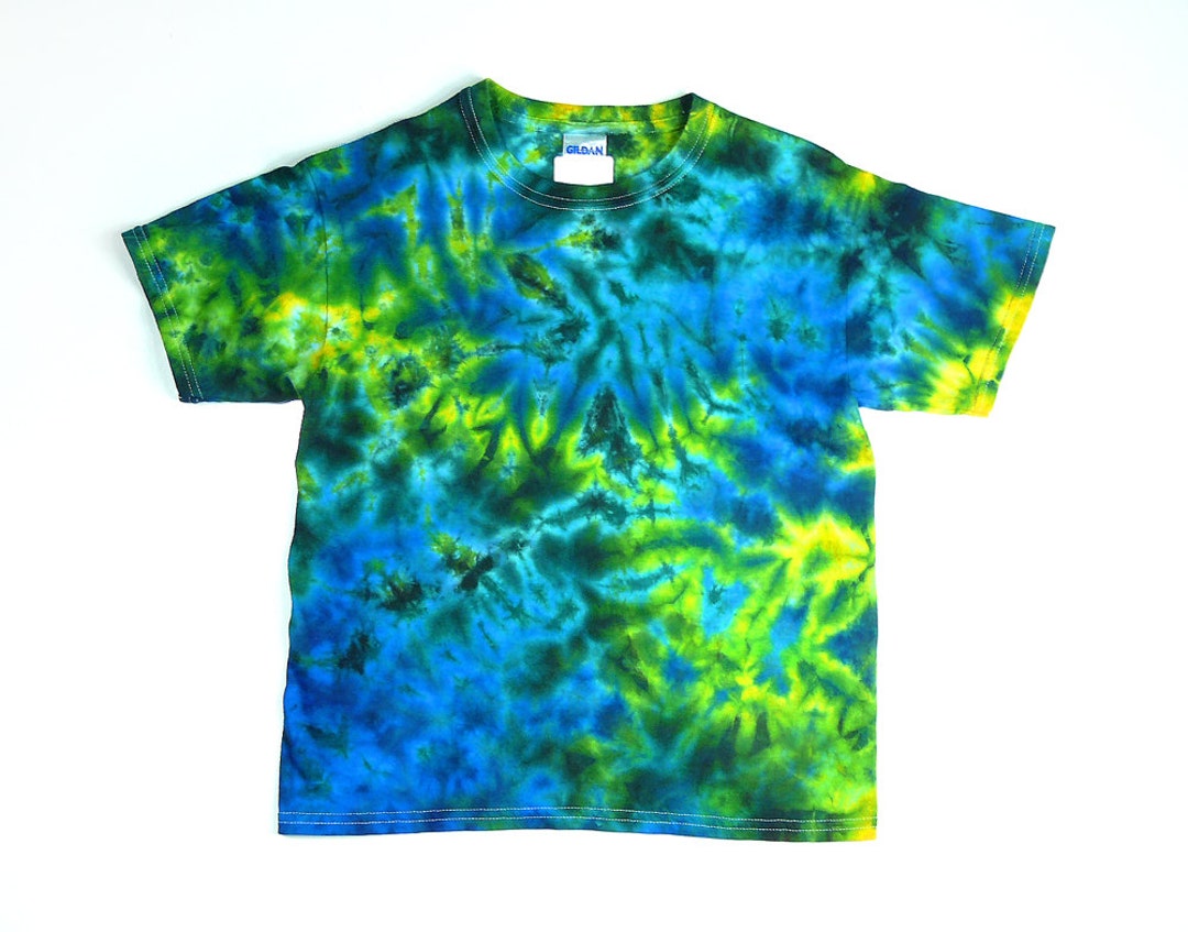 Tie Dye Shirt / Youth T Shirt / Blue Yellow Green Crumple Design