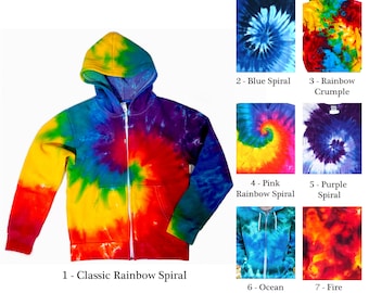 Kids Tie Dye Zip Up Hoodie, Super Soft and Comfy, Various Design Options