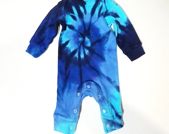 Baby Tie Dye Coverall, Blue Spiral, Long Sleeve Jumpsuit, newborn to 24 months