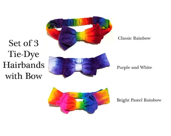 Baby / Toddler Set of 3 Tie Dye Hairbands with Bow, Classic Rainbow, Bright Pastel Rainbow, and Purple Bow Headband with Elastic