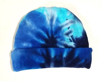 Tie Dye Baby Knit Cap, Blue Spiral Design, First Tie Dye for Babies