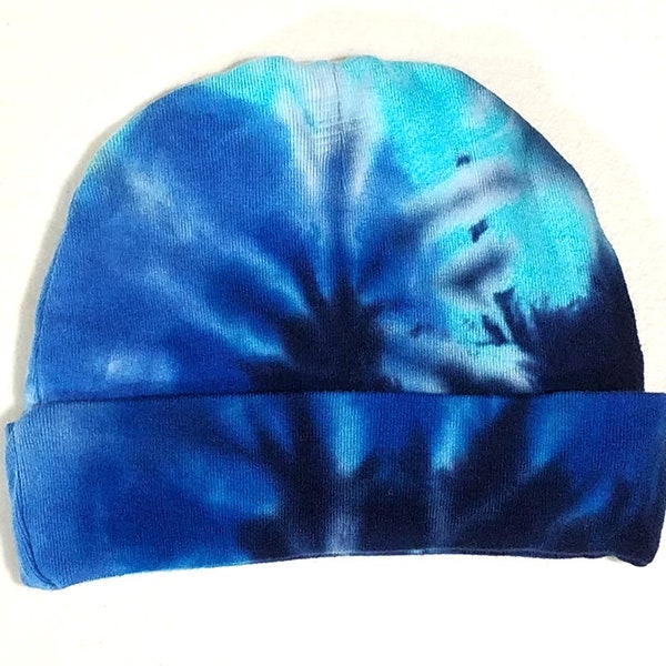 Tie Dye Baby Knit Cap, Blue Spiral Design, First Tie Dye for Babies