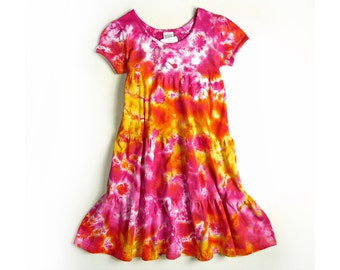 Robe tie-dye pour filles / Robe à volants à manches courtes / Printemps Pâques / Pink Sunshine Design