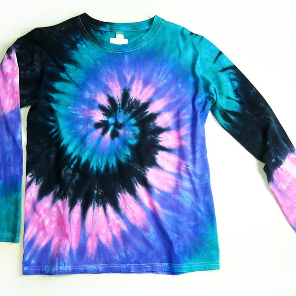 Ladies Short or Long Sleeve Tie Dye Shirt, Womens T Shirt, Pink Aquamarine Purple Black Spiral, Eco-friendly Dyeing