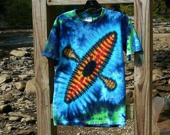 Kayak Shirt, Adult Tie Dye, Standard and Plus Sizes, Blue & Green Background